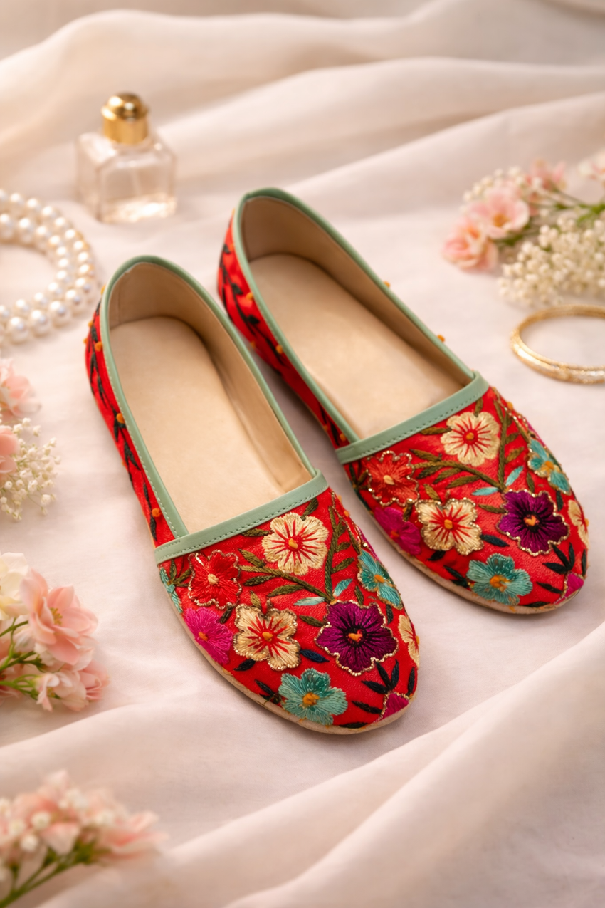 Guldasta Hand-Embroidered Scarlet Red Multi-Color Floral Juttis