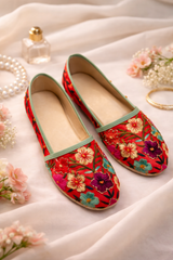 Guldasta Hand-Embroidered Scarlet Red Multi-Color Floral Juttis