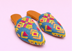 Indigo Boho Hand-Embellished Vibrant Blue Pointed-Toe Designer Mules