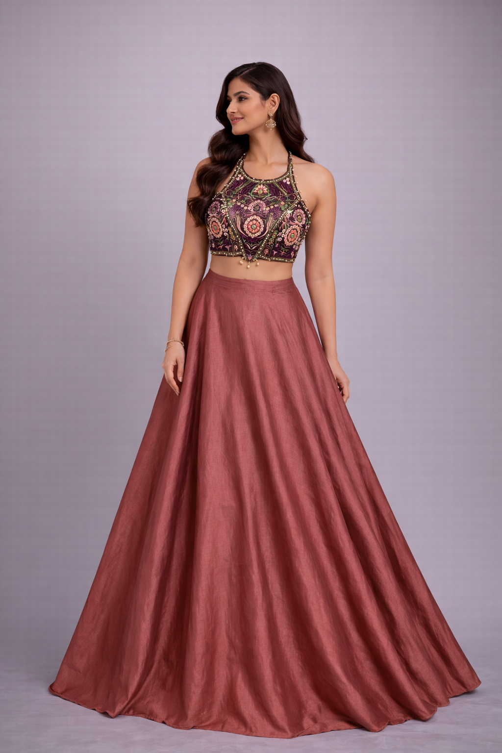 Ira Mauve Designer Halter Crop Top & flared Skirt Set