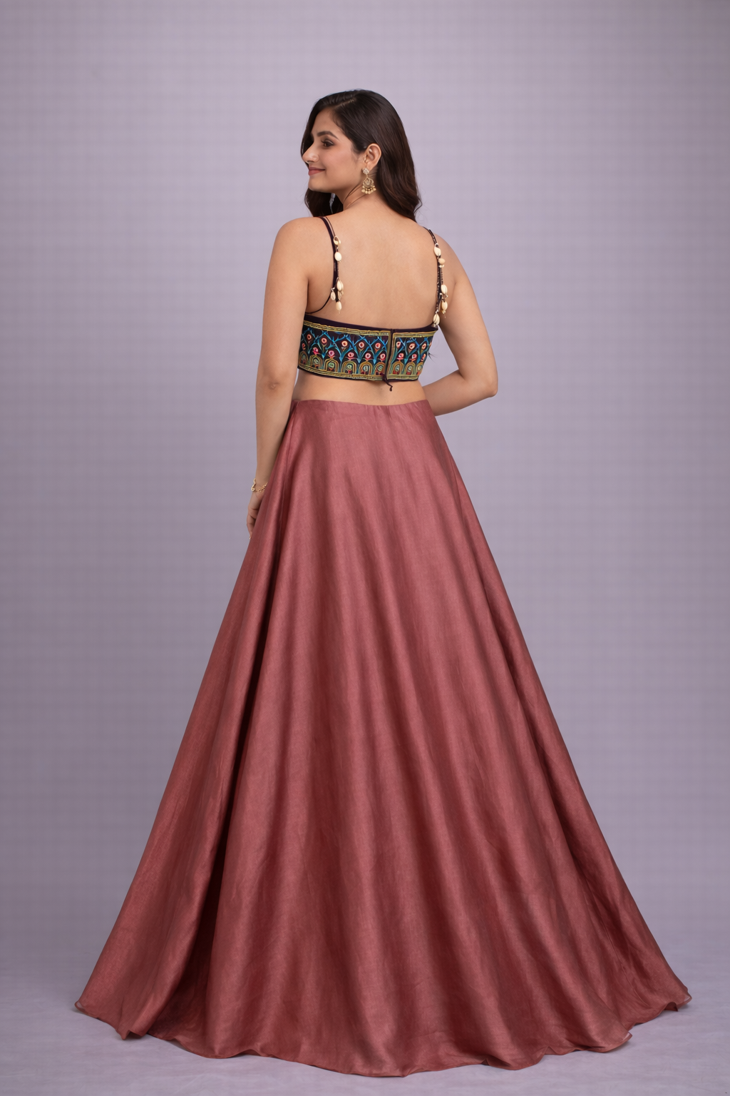 Ira Mauve Designer Halter Crop Top & flared Skirt Set