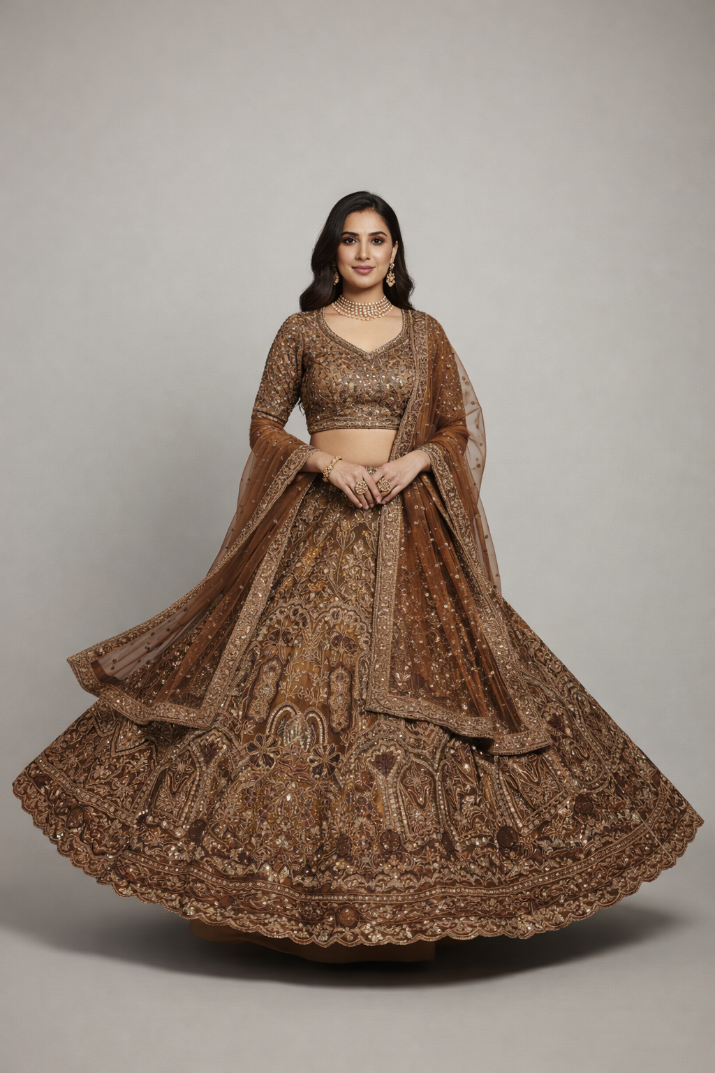 Kashvi Chocolate Brown Embroidered Designer Lehenga Set with Net Dupatta