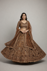 Kashvi Chocolate Brown Embroidered Designer Lehenga Set with Net Dupatta