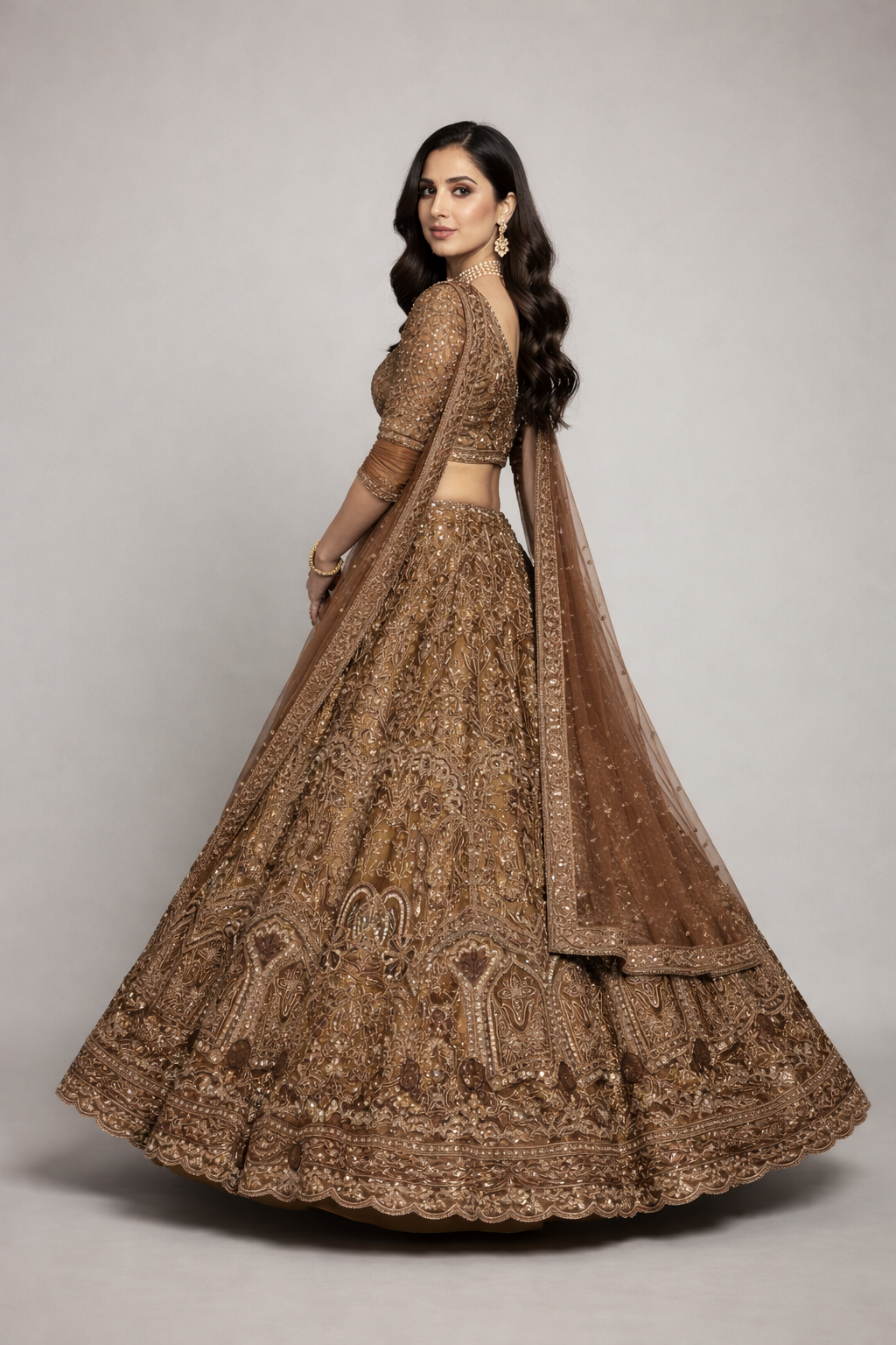 Kashvi Chocolate Brown Embroidered Designer Lehenga Set with Net Dupatta
