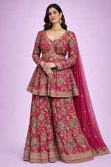 Kriti Crimson Designer Peplum Kurta & Sharara Set
