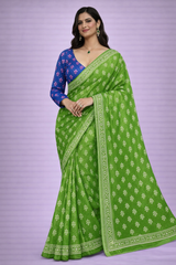Kriti Mehendi Green Printed Cotton Saree with Unstitched Blue Blouse Piece