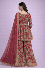 Kriti Crimson Designer Peplum Kurta & Sharara Set