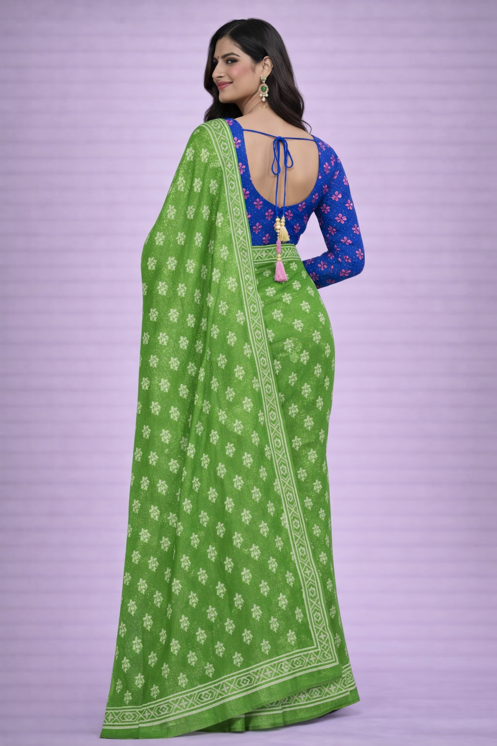 Kriti Mehendi Green Printed Cotton Saree with Unstitched Blue Blouse Piece