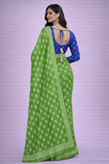 Kriti Mehendi Green Printed Cotton Saree with Unstitched Blue Blouse Piece