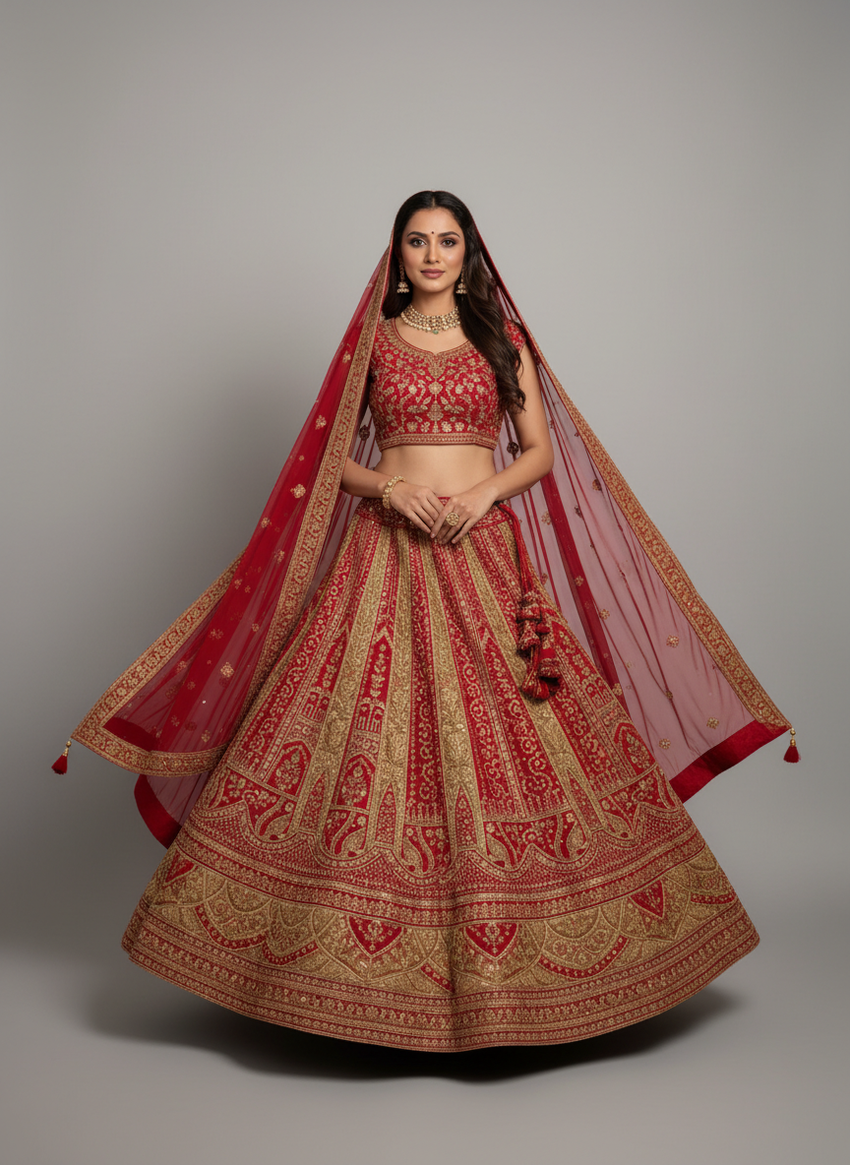Maharani Crimson Red Heritage Bridal Lehenga With Bridal Box