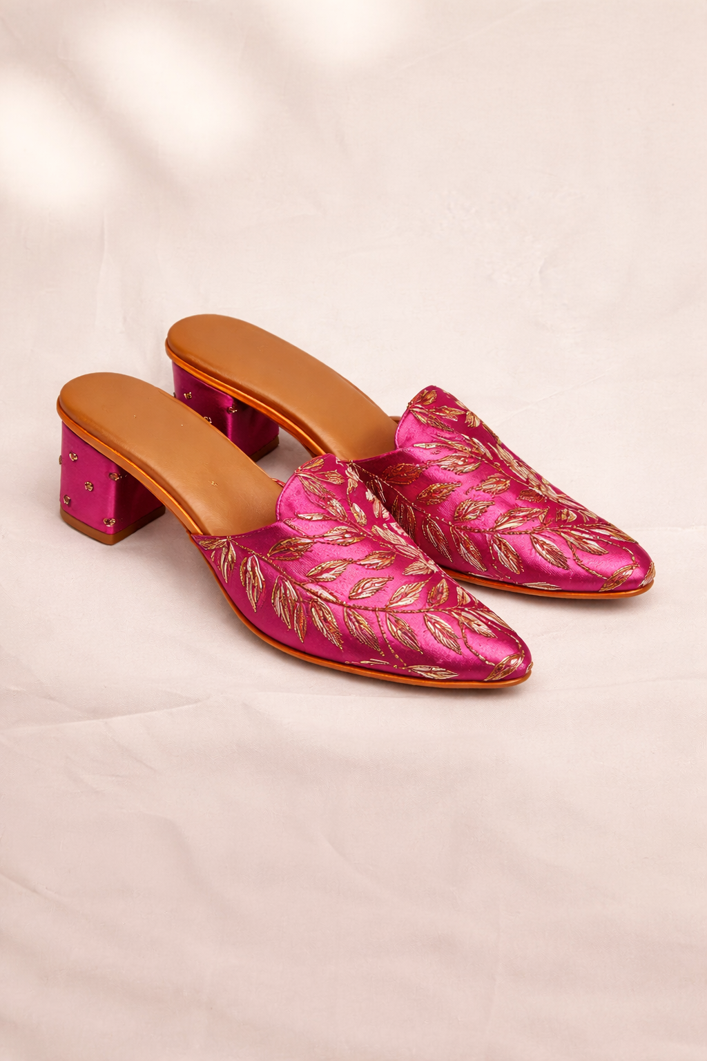 Mayuri Hand-Embroidered Magenta Gold Leaf Block Heels