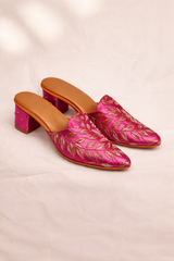 Mayuri Hand-Embroidered Magenta Gold Leaf Block Heels