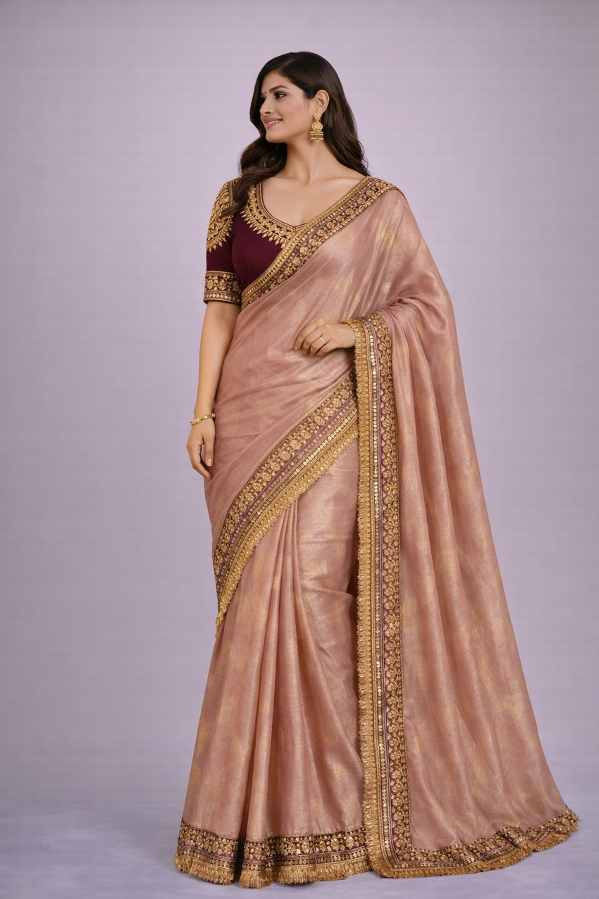 Meera Rose Gold Tissue Silk Saree with Unstitched Plain Wine Purple Blouse Piece