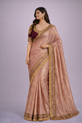Meera Rose Gold Tissue Silk Saree with Unstitched Plain Wine Purple Blouse Piece