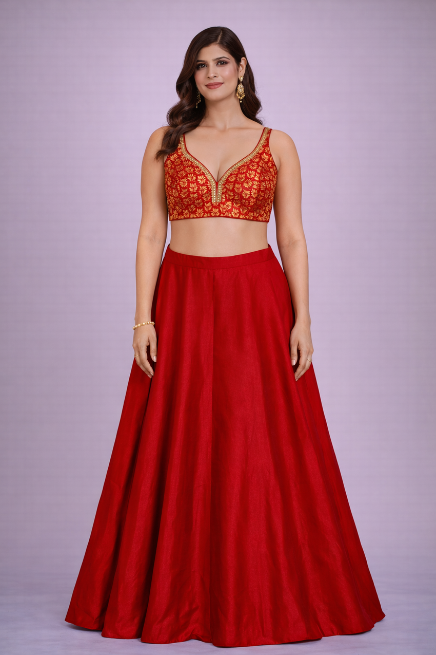 Meera Vermilion Brocade Silk Lehenga Set