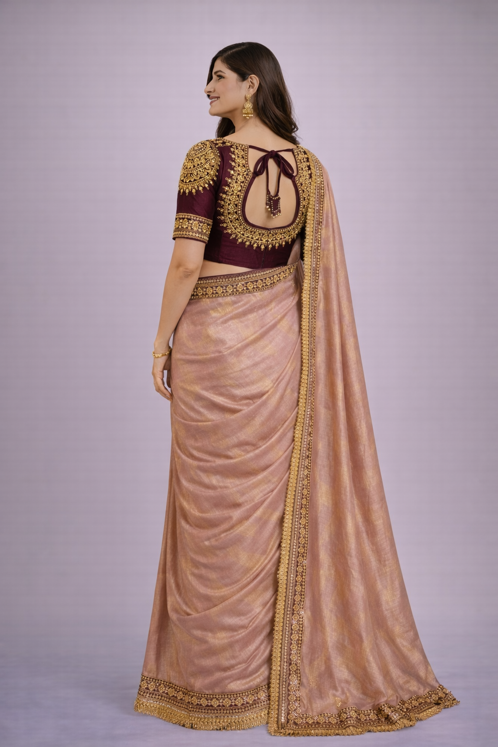 Meera Rose Gold Tissue Silk Saree with Unstitched Plain Wine Purple Blouse Piece
