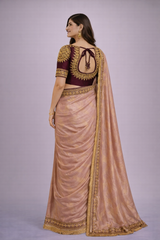 Meera Rose Gold Tissue Silk Saree with Unstitched Plain Wine Purple Blouse Piece