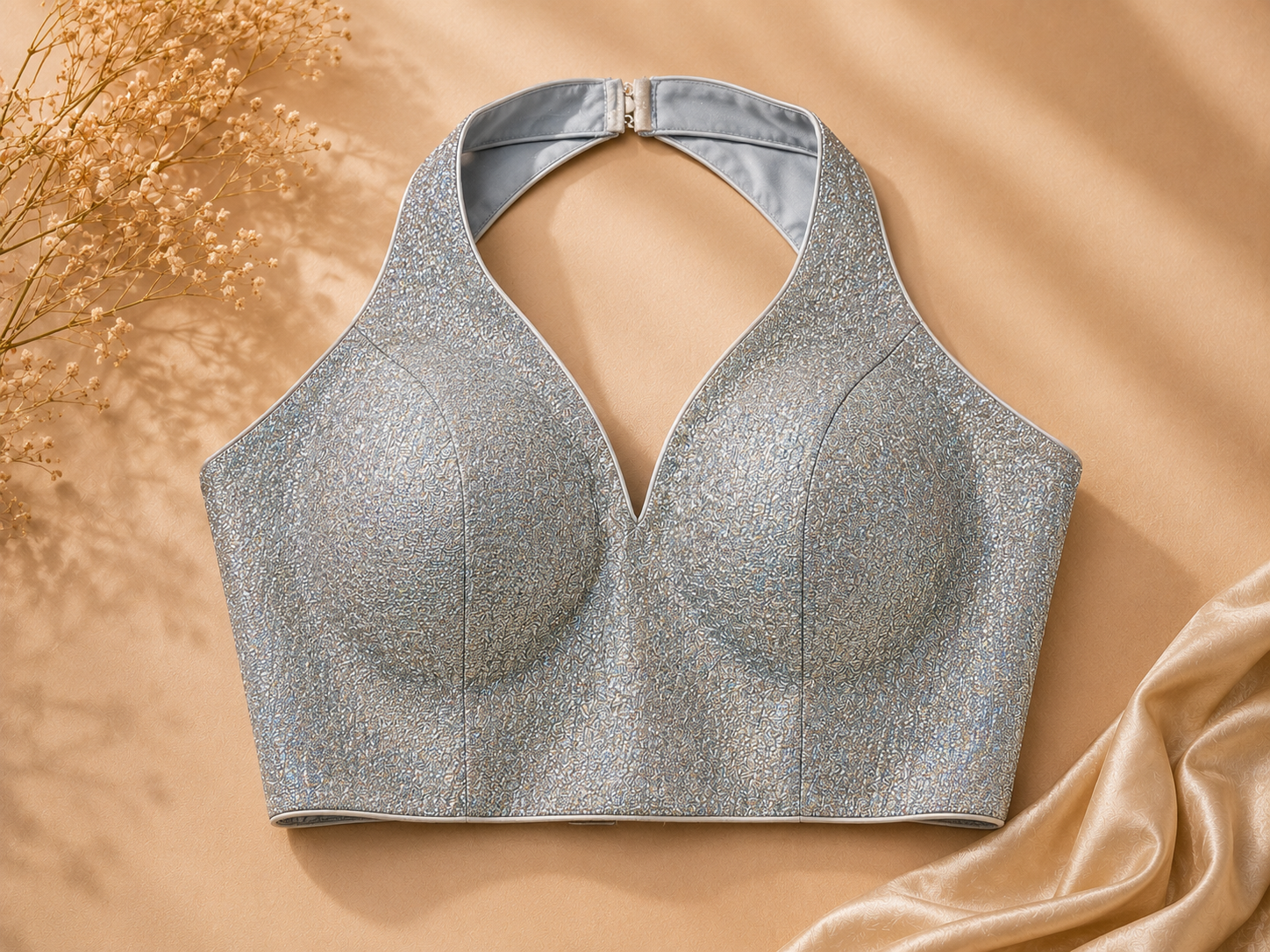 Moonveil Silver Shimmer Halter Neck Blouse