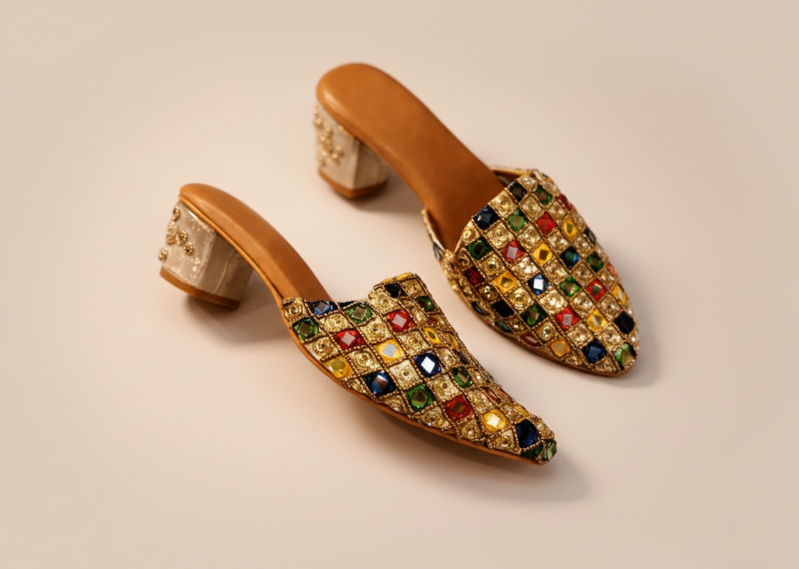 Navratan Hand-Embellished Multi-Colored Gold Block Heels