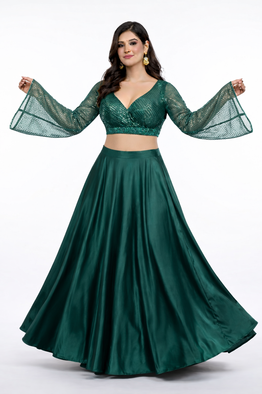 Nisha Emerald Designer Bell-Sleeve Lehenga Set