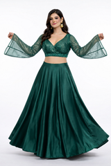 Nisha Emerald Designer Bell-Sleeve Lehenga Set