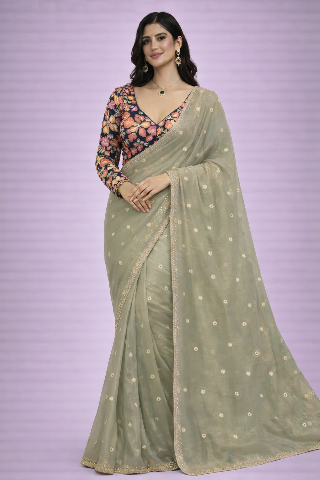 Nitya Pastel Sage Green Organza Saree with Unstitched Floral Blouse Piece