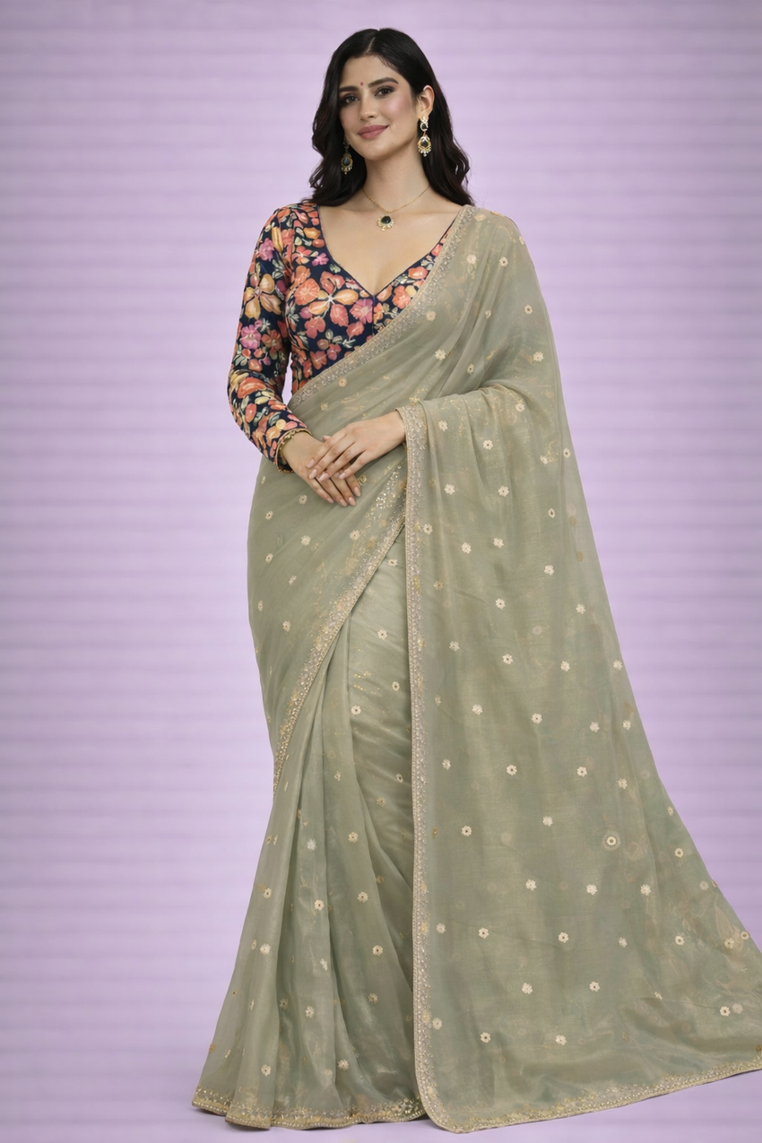 Nitya Pastel Sage Green Organza Saree with Unstitched Floral Blouse Piece