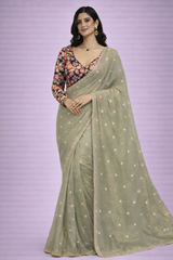 Nitya Pastel Sage Green Organza Saree with Unstitched Floral Blouse Piece