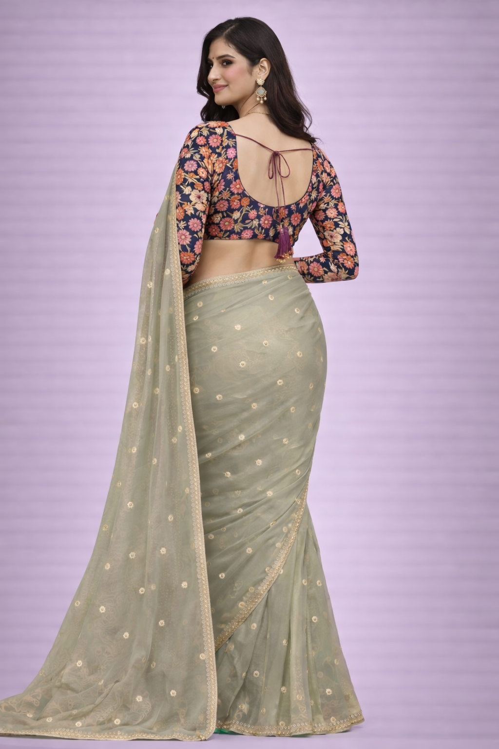 Nitya Pastel Sage Green Organza Saree with Unstitched Floral Blouse Piece