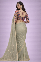 Nitya Pastel Sage Green Organza Saree with Unstitched Floral Blouse Piece