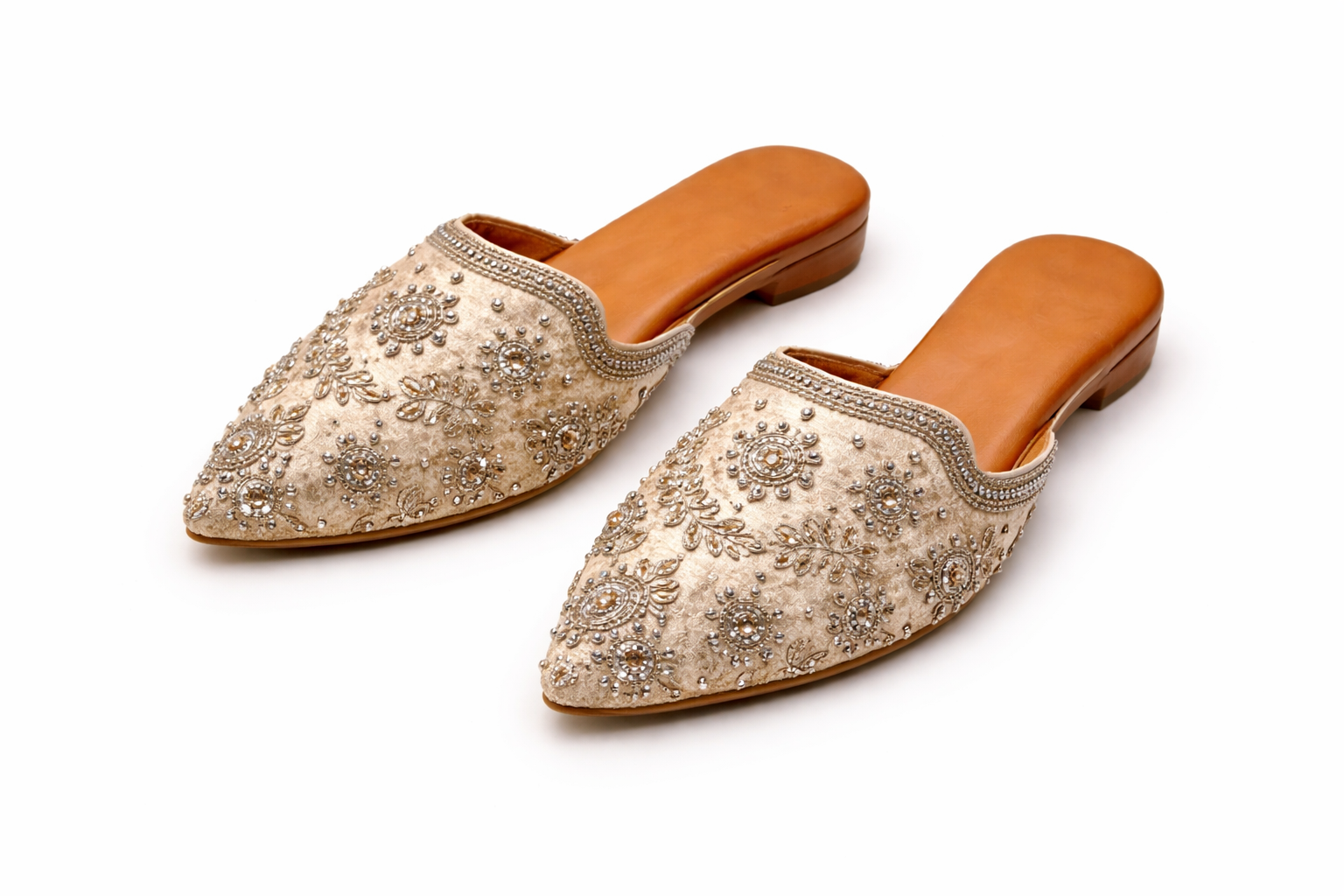Noor Hand-Embellished Champagne Gold Pointed-Toe Designer Mules