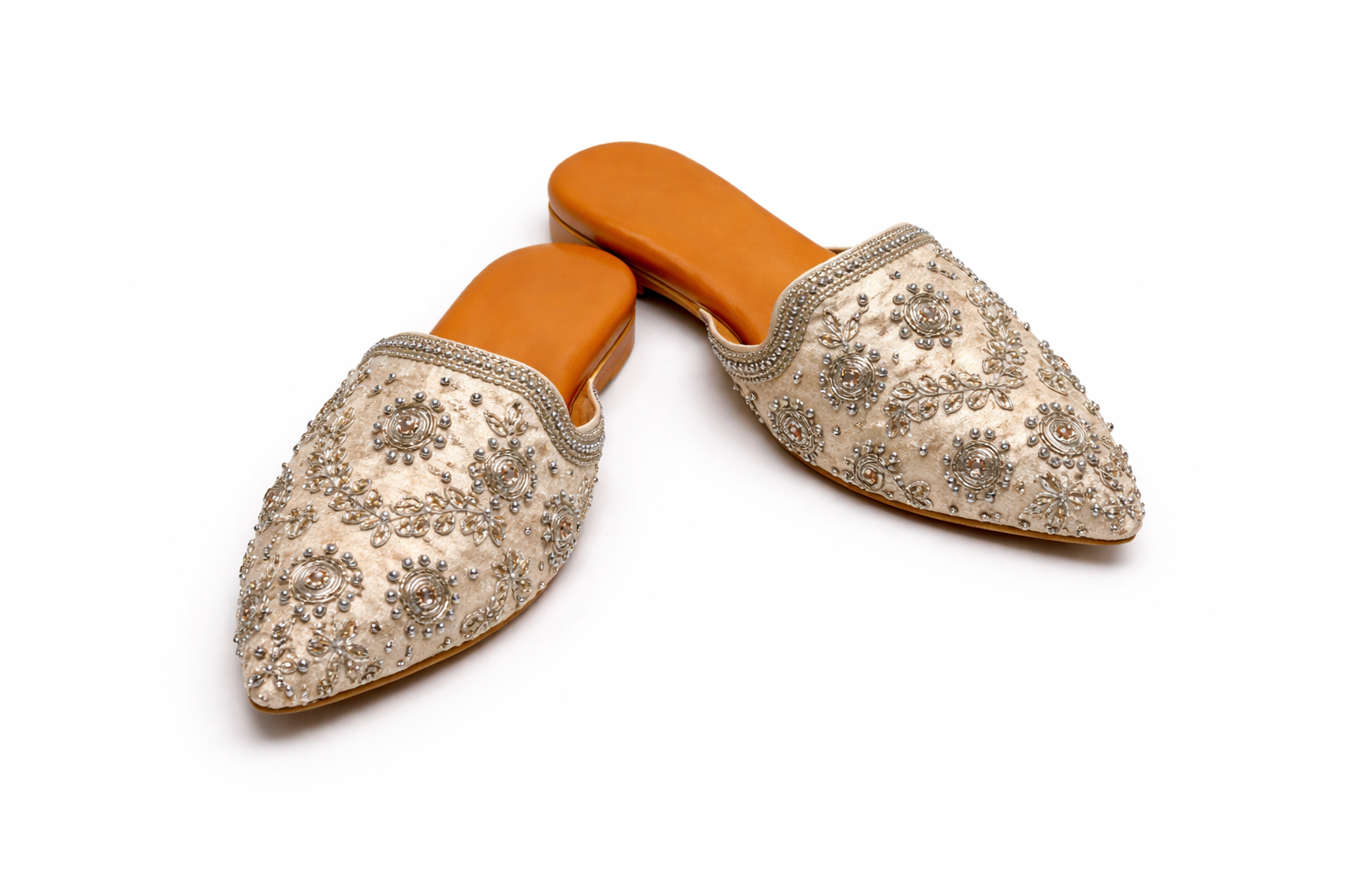 Noor Hand-Embellished Champagne Gold Pointed-Toe Designer Mules