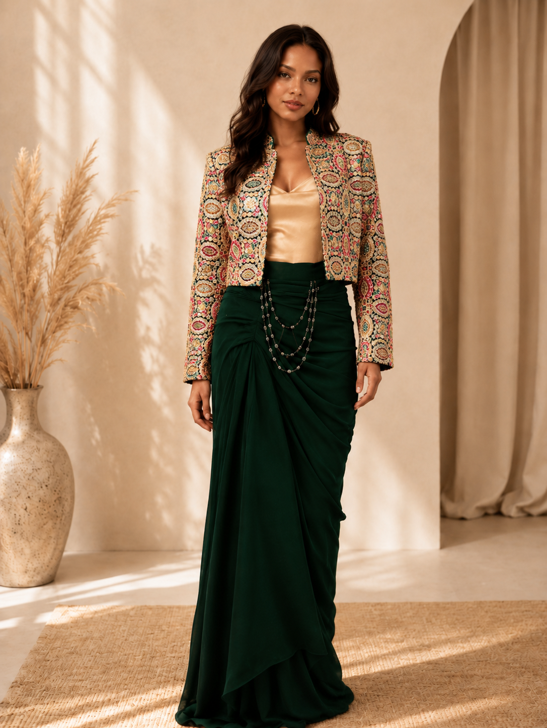 Pankhudi Emerald Designer Draped Skirt & Jacket Set