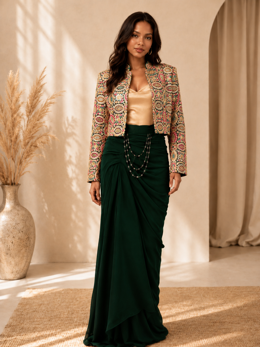 Pankhudi Emerald Designer Draped Skirt & Jacket Set
