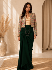 Pankhudi Emerald Designer Draped Skirt & Jacket Set