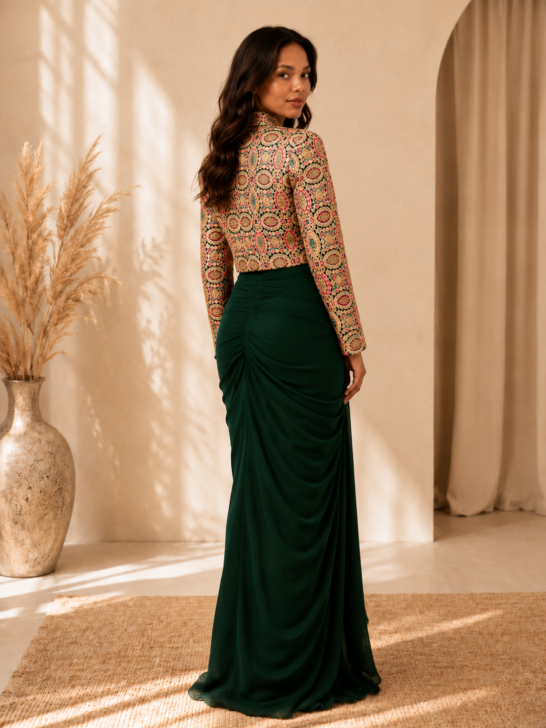 Pankhudi Emerald Designer Draped Skirt & Jacket Set