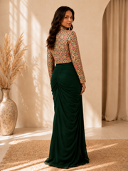 Pankhudi Emerald Designer Draped Skirt & Jacket Set