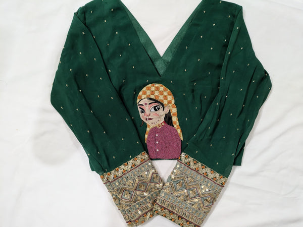 Hand-embroidered Silk blend Blouse-Green