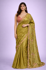 Reva Olive Green Tissue Silk Saree with Unstitched Pink Blouse Piece