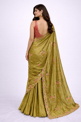 Reva Olive Green Tissue Silk Saree with Unstitched Pink Blouse Piece