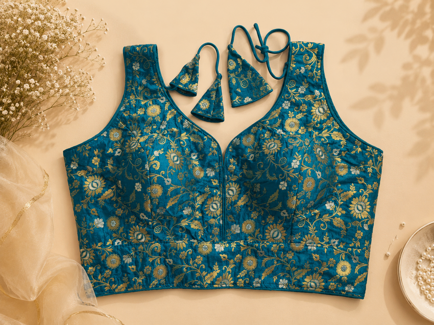 Royal Blue Floral Zari Blouse