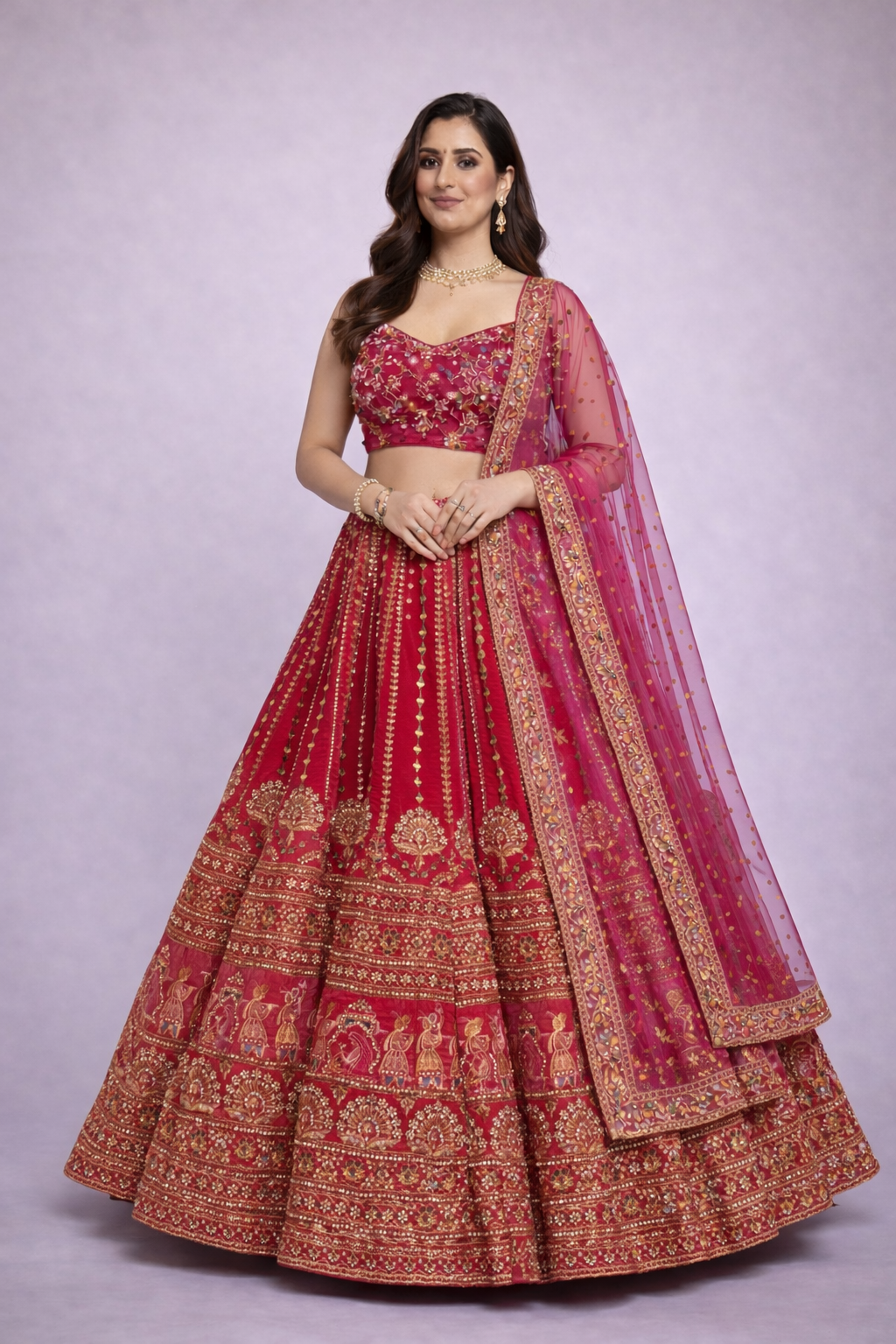 Royal Doli Motif Bridal Ball Gown Lehenga with Bridal Box