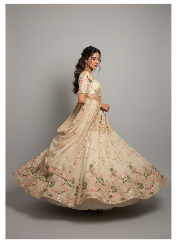 Blush Ivory Floral Embroidered Lehenga Set