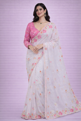 Siya Off-White Floral Organza Saree with Unstitched Pink Blouse Piece