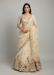 Siya Ivory Floral Embroidered Designer Lehenga Set with Net Dupatta
