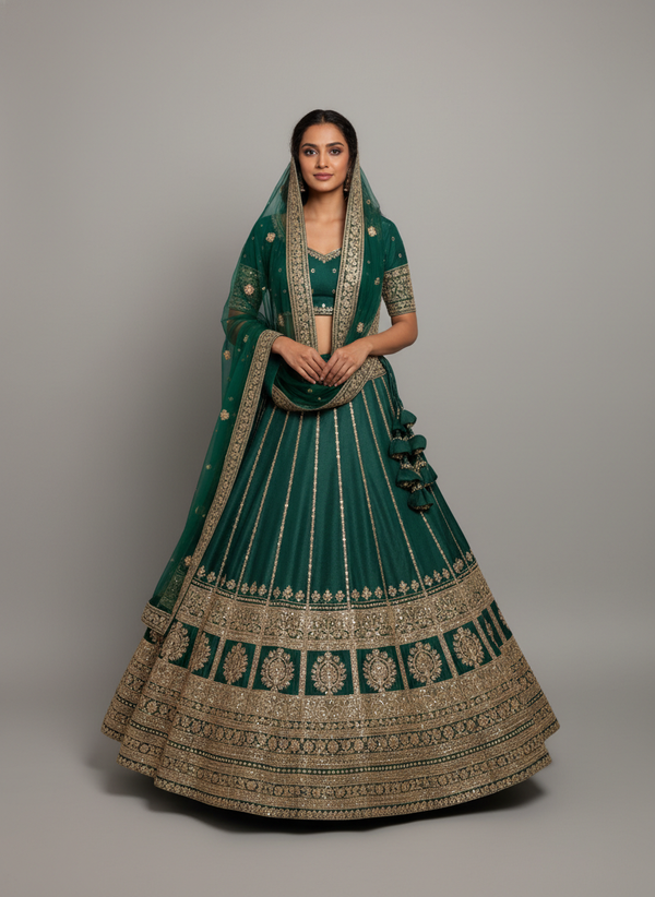 Forest Green & Gold Embroidered Bridal Lehenga Set