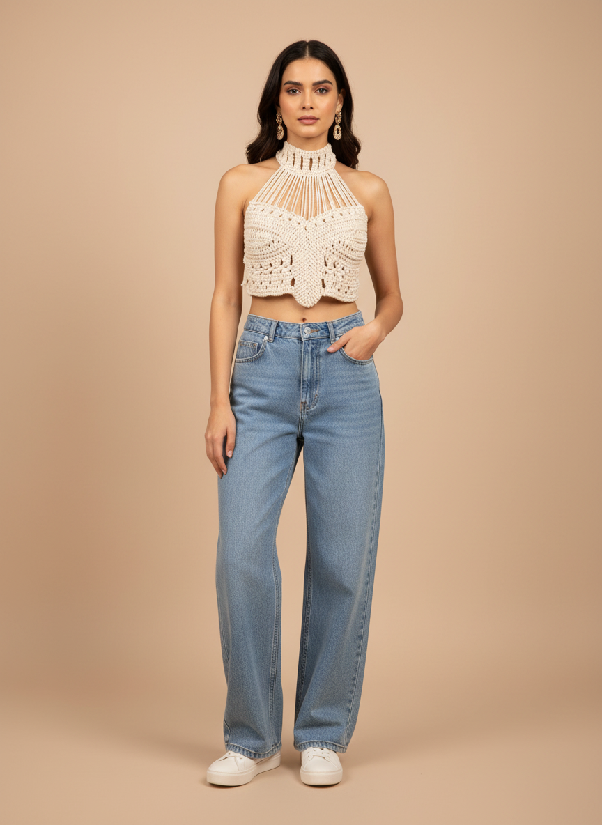 The Alabaster Halter Fine-Knit Macramé Crop Top