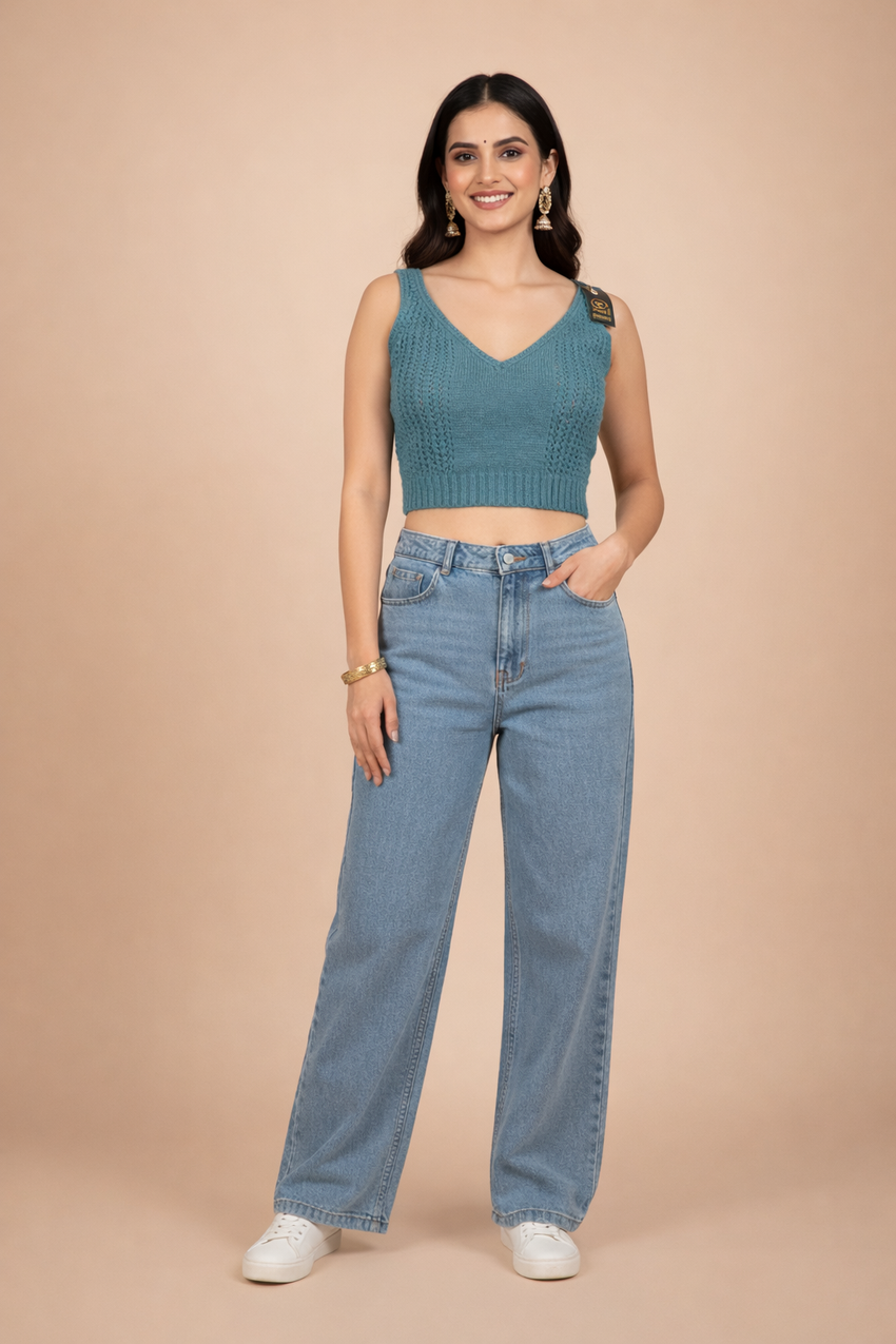 The Azure V-Neck Fine-Knit Casual Crop Top