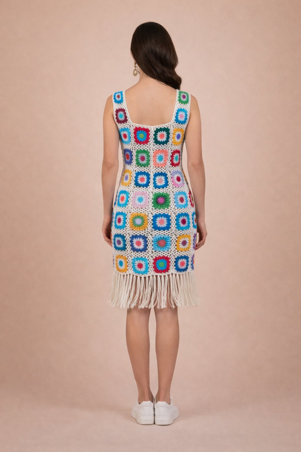 The Boho Granny-Square Hand-Crochet Fringe Mini Dress