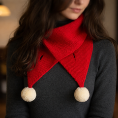 The Crimson Festive Knitted Neck-Warmer with Cream Pom-Poms